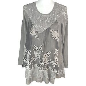 Feratelli Lagenlook Gray Chambray Lace Long Sleeve Tunic Dress Floral Lace Sz Sm